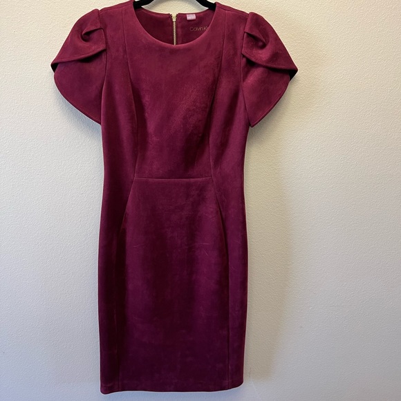 CALVIN KLEIN Suede Tulip Sheath Dress, Burgundy, Size 2 - Picture 2 of 10